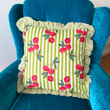 Load image into Gallery viewer, Green Cherry Stripe Frill Cushion