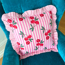 Load image into Gallery viewer, Pink Cherry Stripe Frill Cushion
