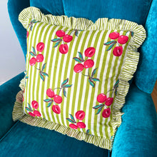 Load image into Gallery viewer, Green Cherry Stripe Frill Cushion
