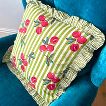 Load image into Gallery viewer, Green Cherry Stripe Frill Cushion
