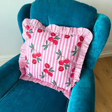 Load image into Gallery viewer, Pink Cherry Stripe Frill Cushion
