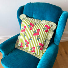 Load image into Gallery viewer, Green Cherry Stripe Frill Cushion

